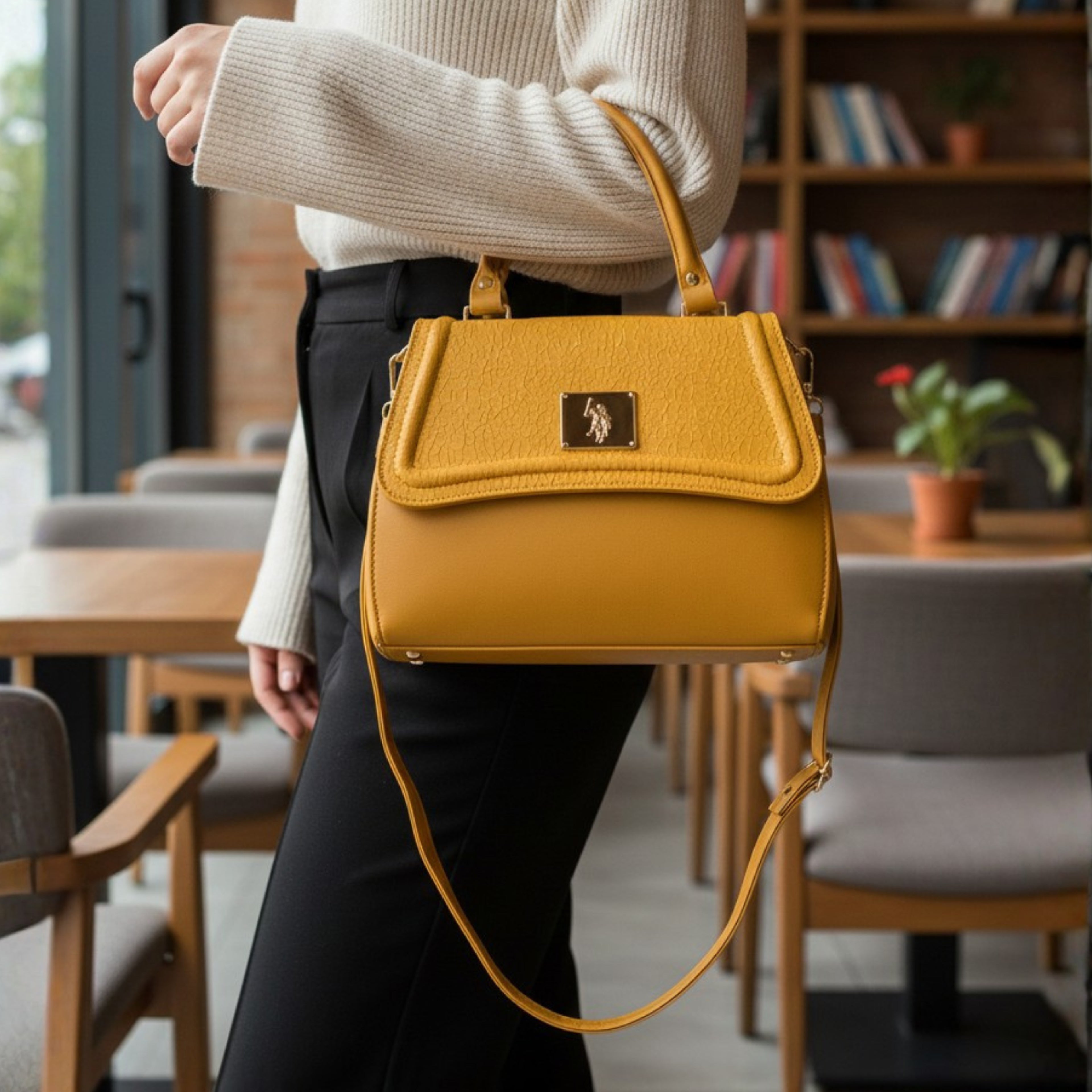 U.S. Polo Assn. Mustard Yellow Faux Leather Flap Handbag