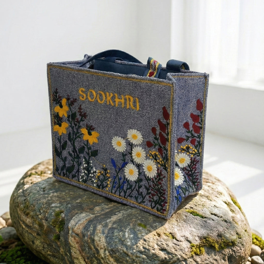 Sookhri Hand-Embroidered Blue Jute Tote Bag