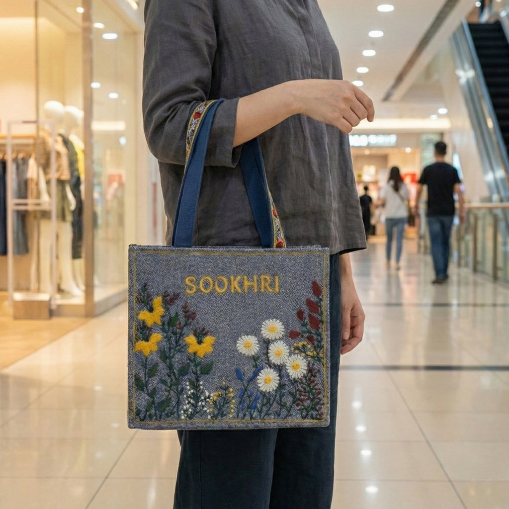 Sookhri Hand-Embroidered Blue Jute Tote Bag