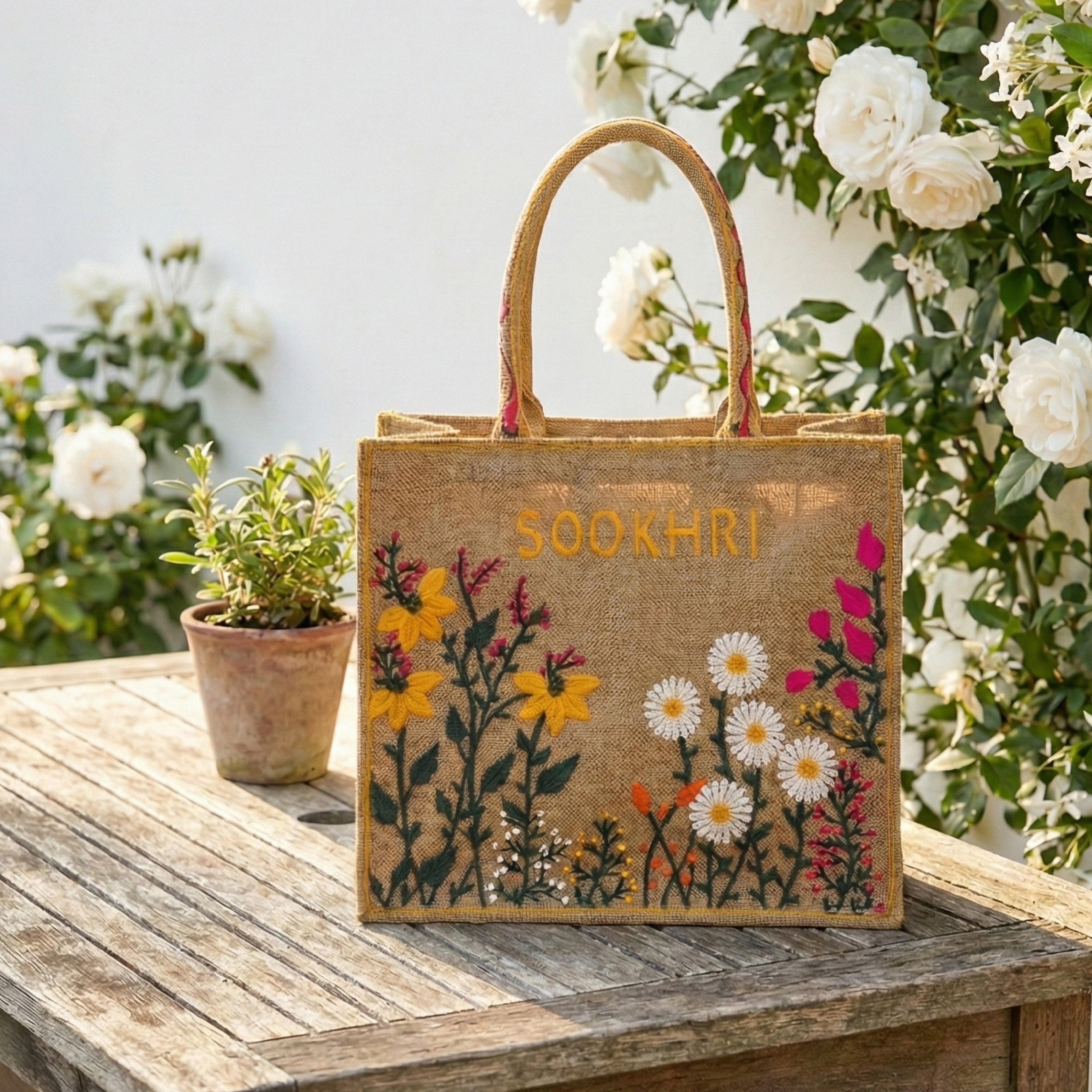Sookhri Hand-Embroidered Floral Jute Tote Bag