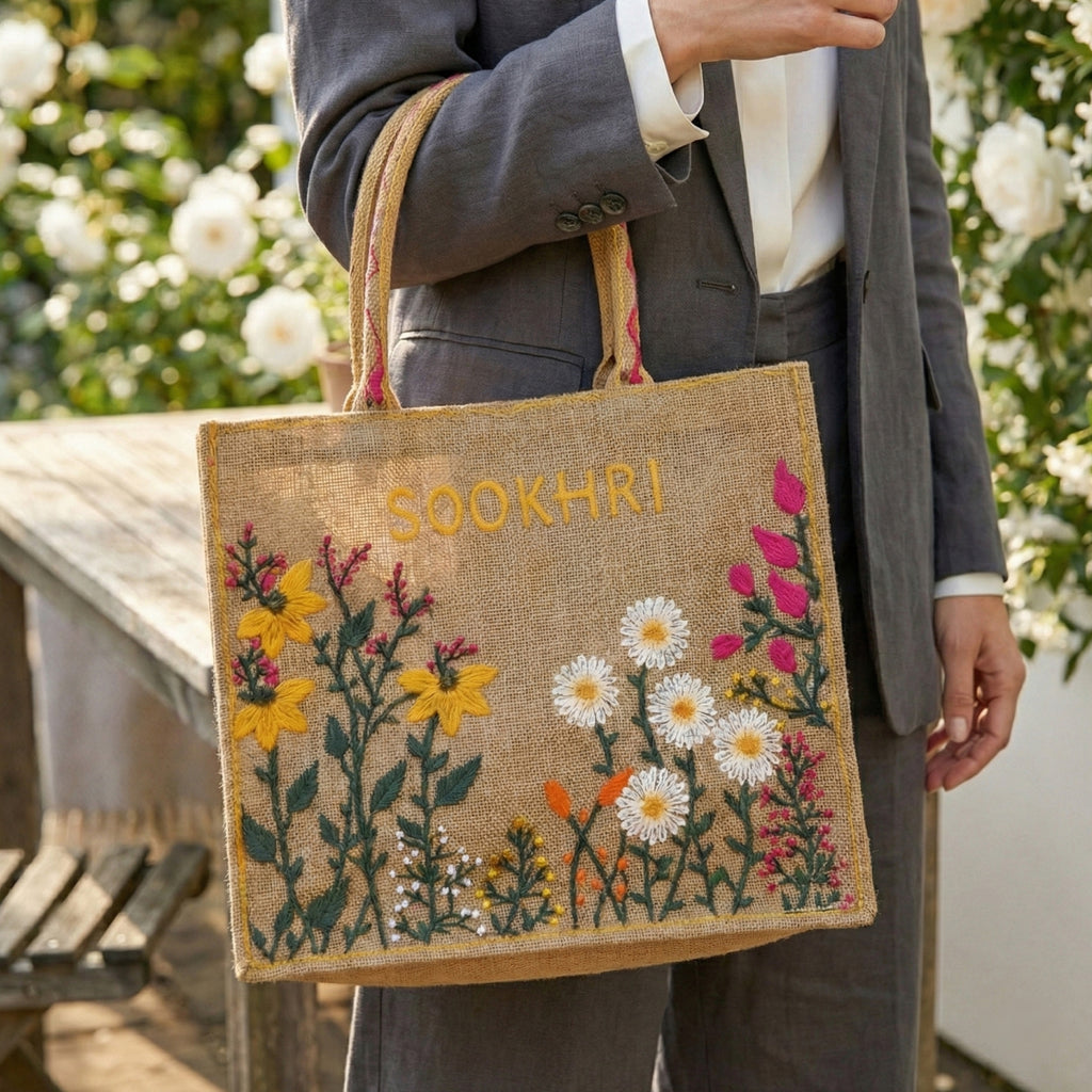Sookhri Hand-Embroidered Floral Jute Tote Bag
