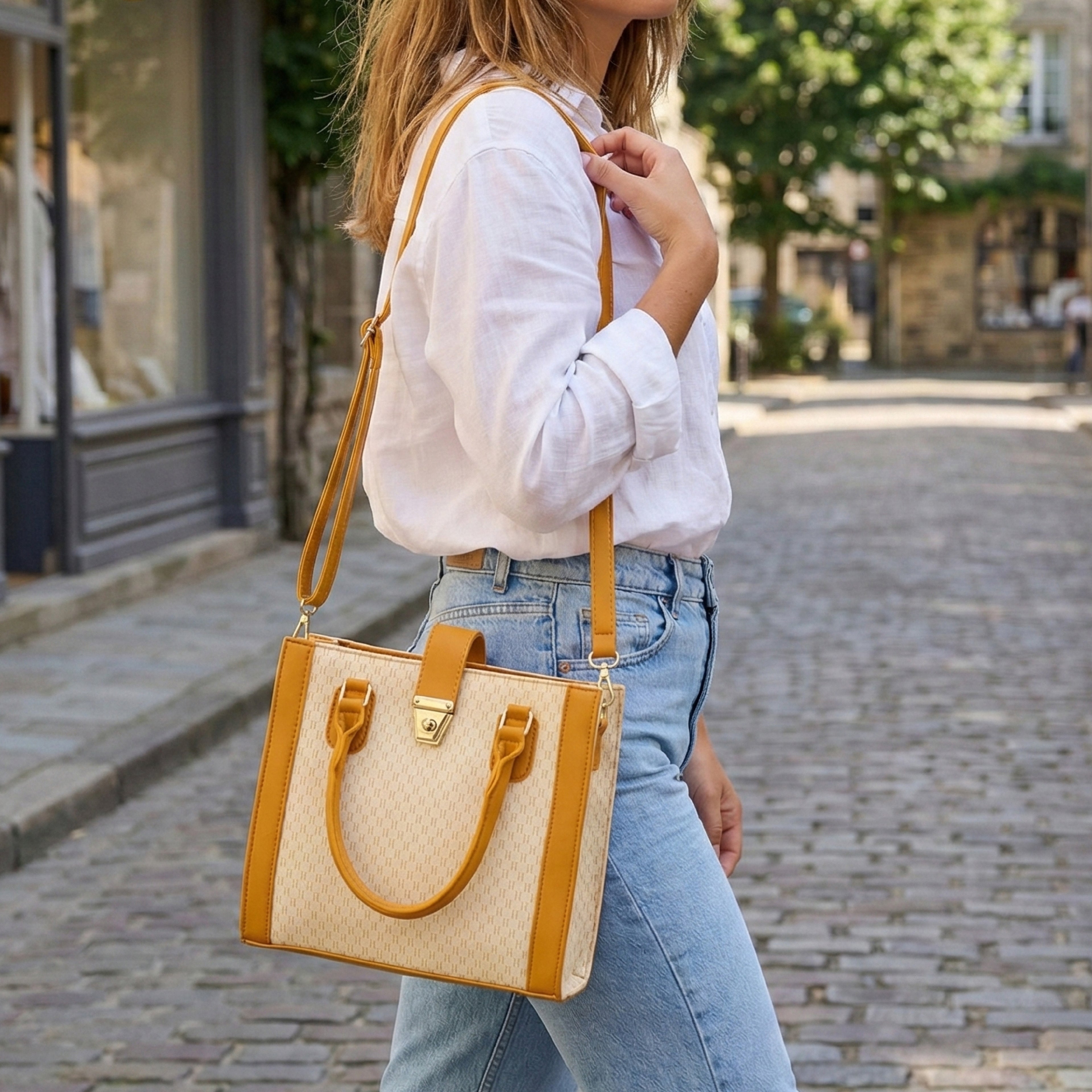 Classic Monogram Patterned Structured Handbag with Crossbody Strap