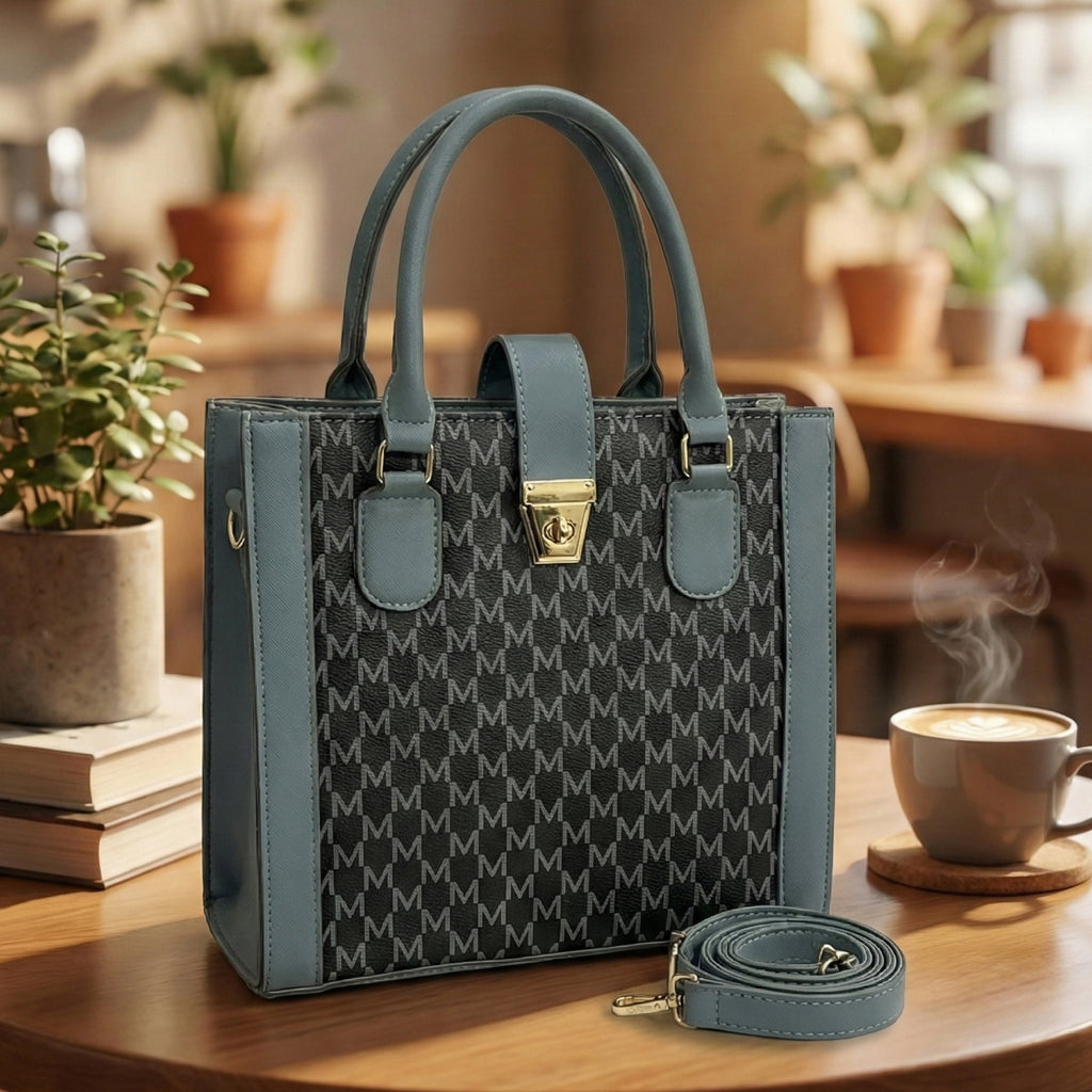 Classic Grey & Black Monogram Faux Leather Tote