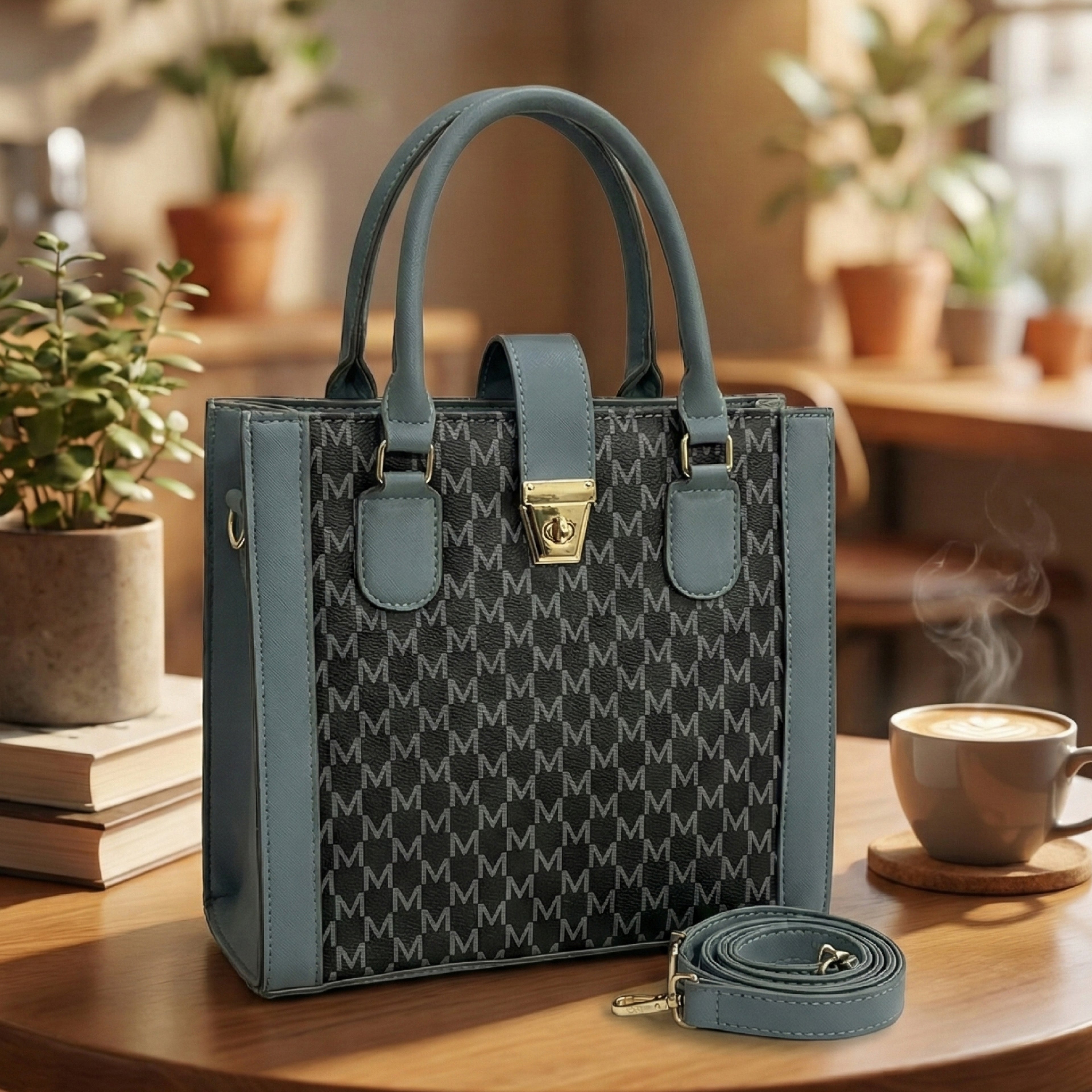 Classic Grey & Black Monogram Faux Leather Tote