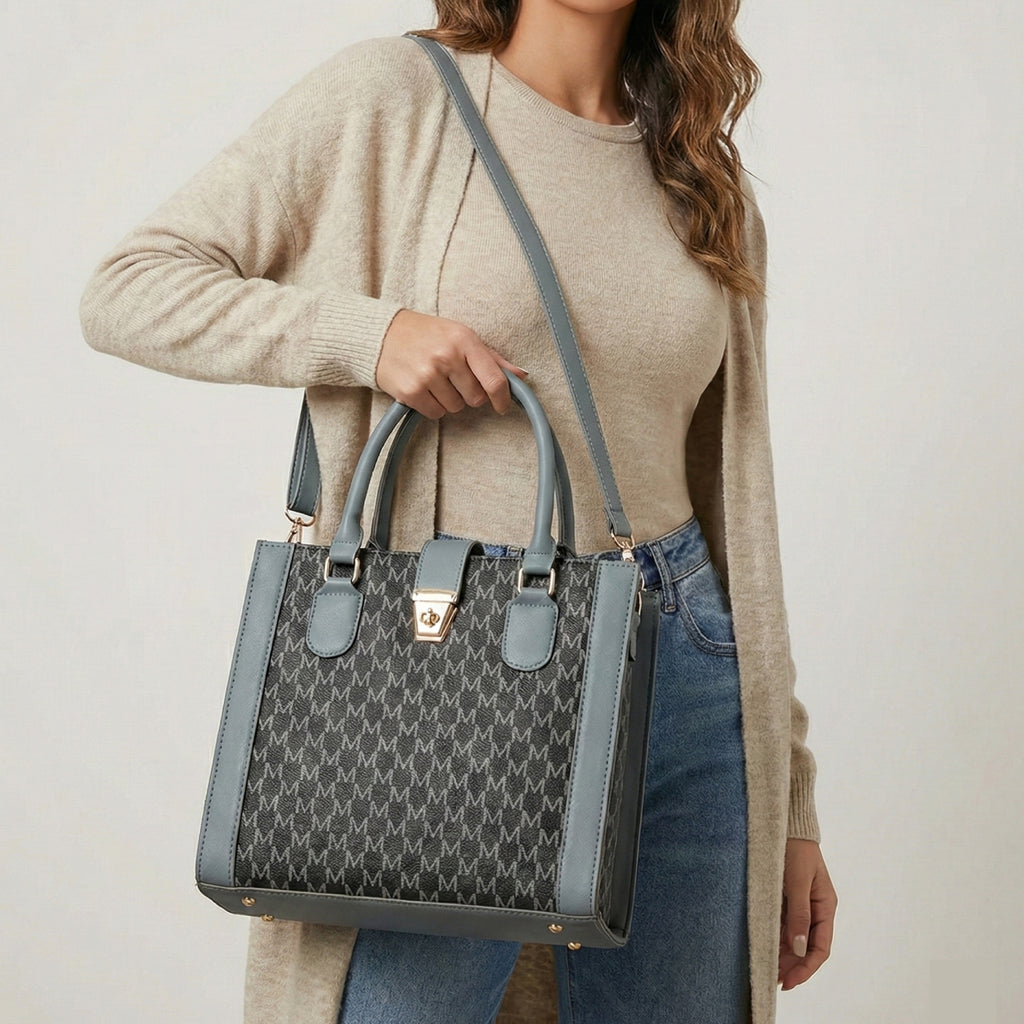 Classic Grey & Black Monogram Faux Leather Tote