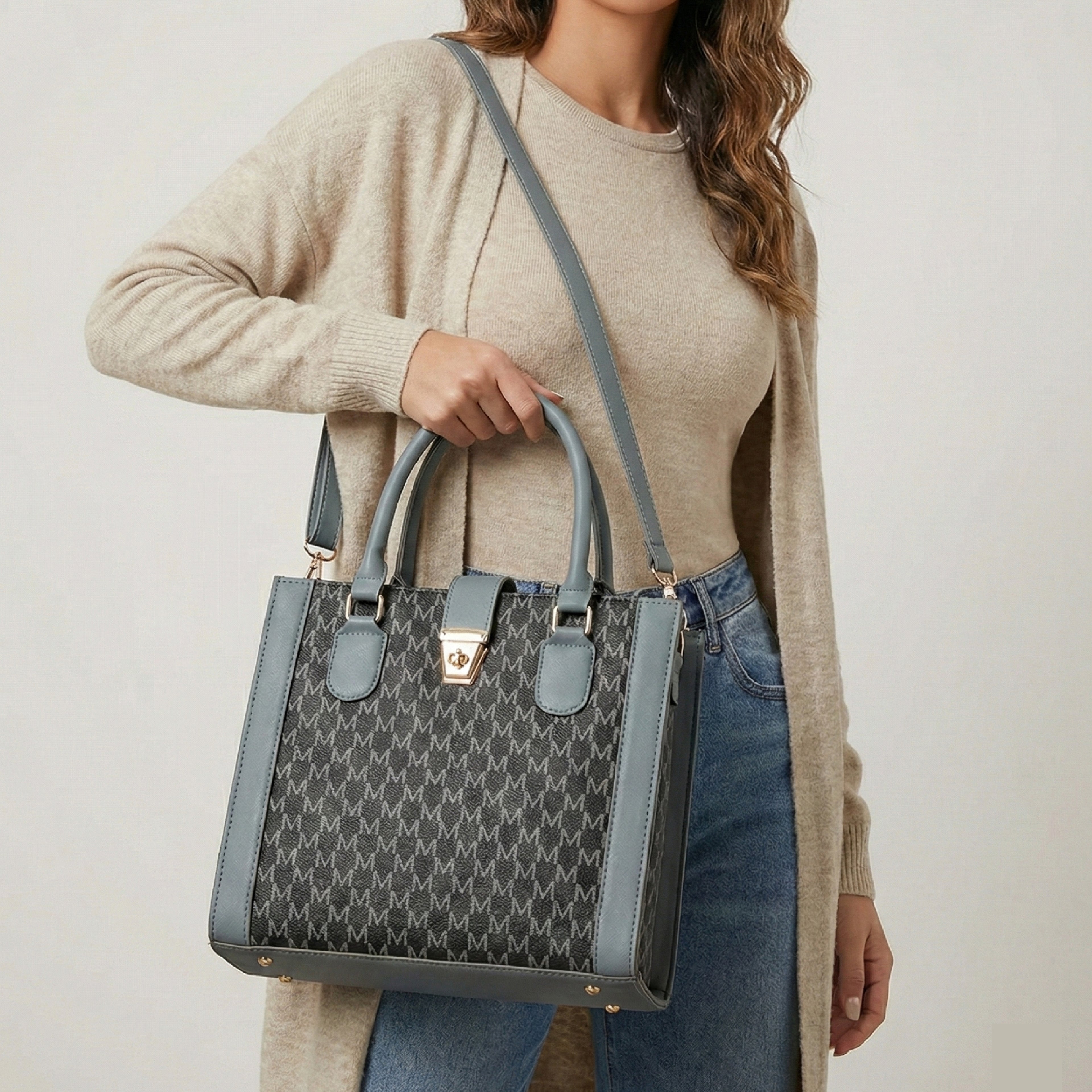 Classic Grey & Black Monogram Faux Leather Tote