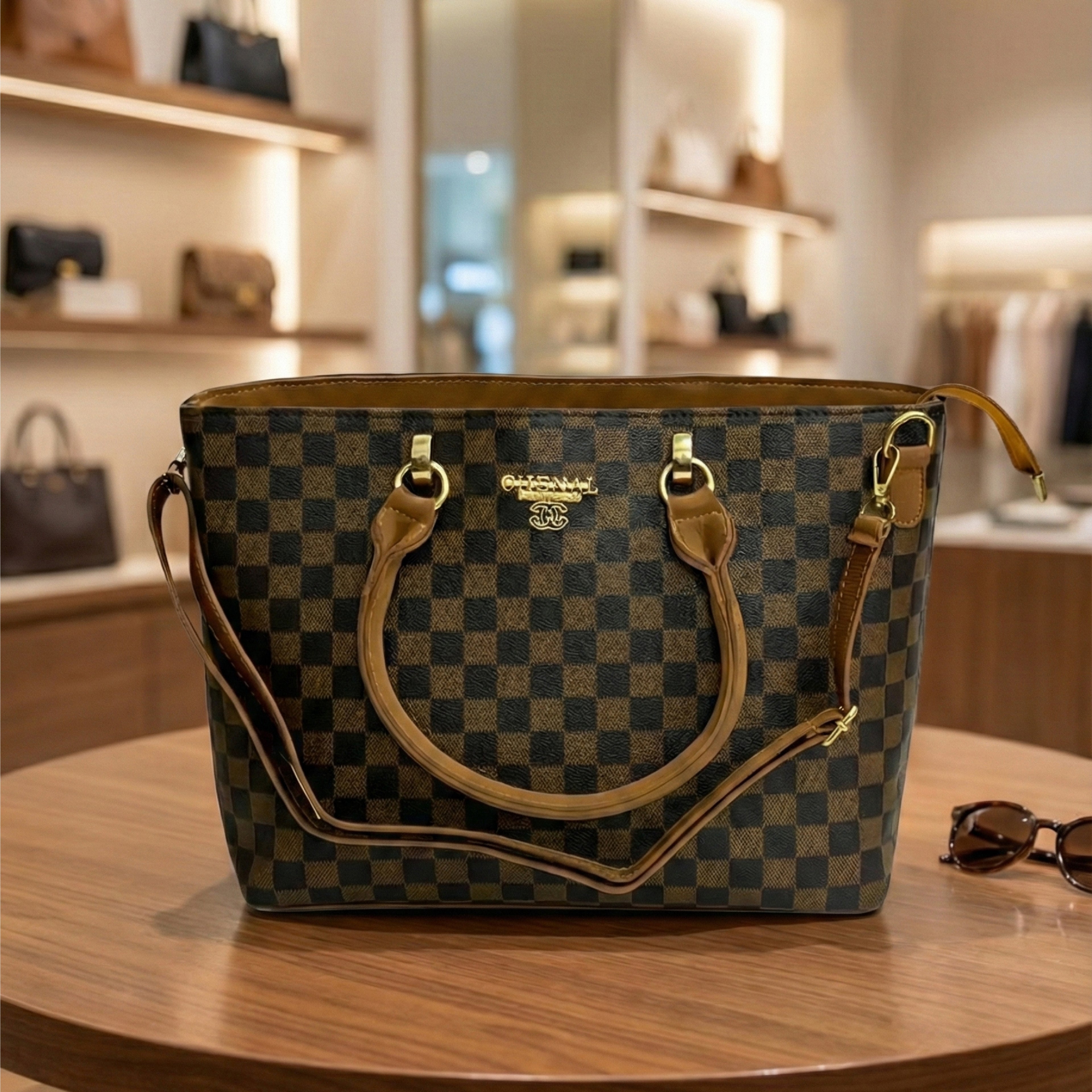Classic Brown Checkerboard Faux Leather Tote Bag