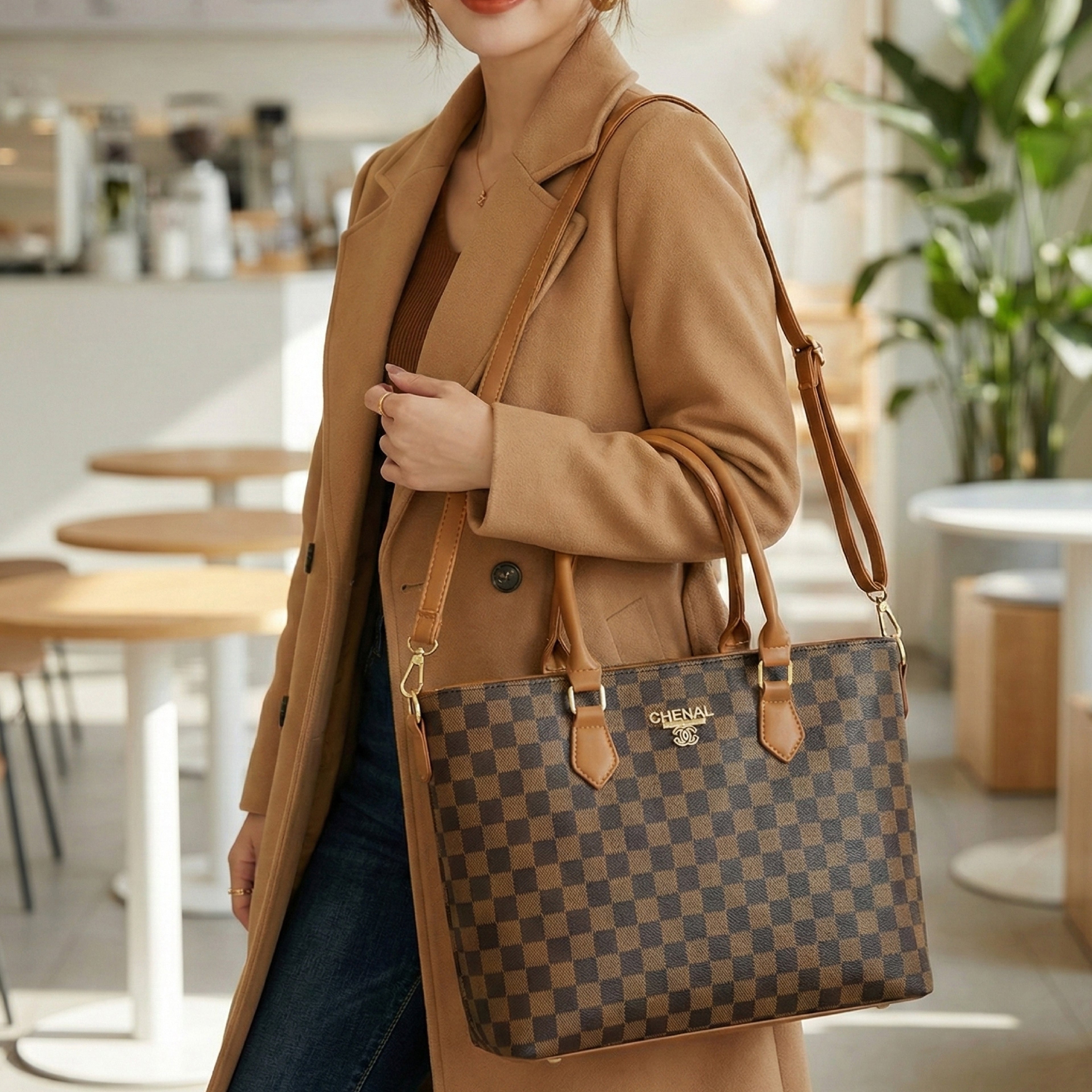 Classic Brown Checkerboard Faux Leather Tote Bag