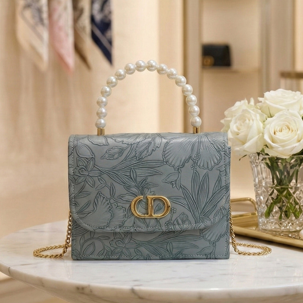 Elegant Blue Floral Embossed Faux Leather Mini Bag with Pearl Handle