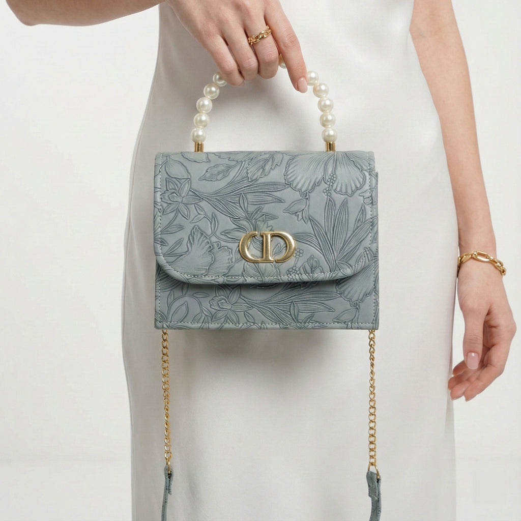 Elegant Blue Floral Embossed Faux Leather Mini Bag with Pearl Handle