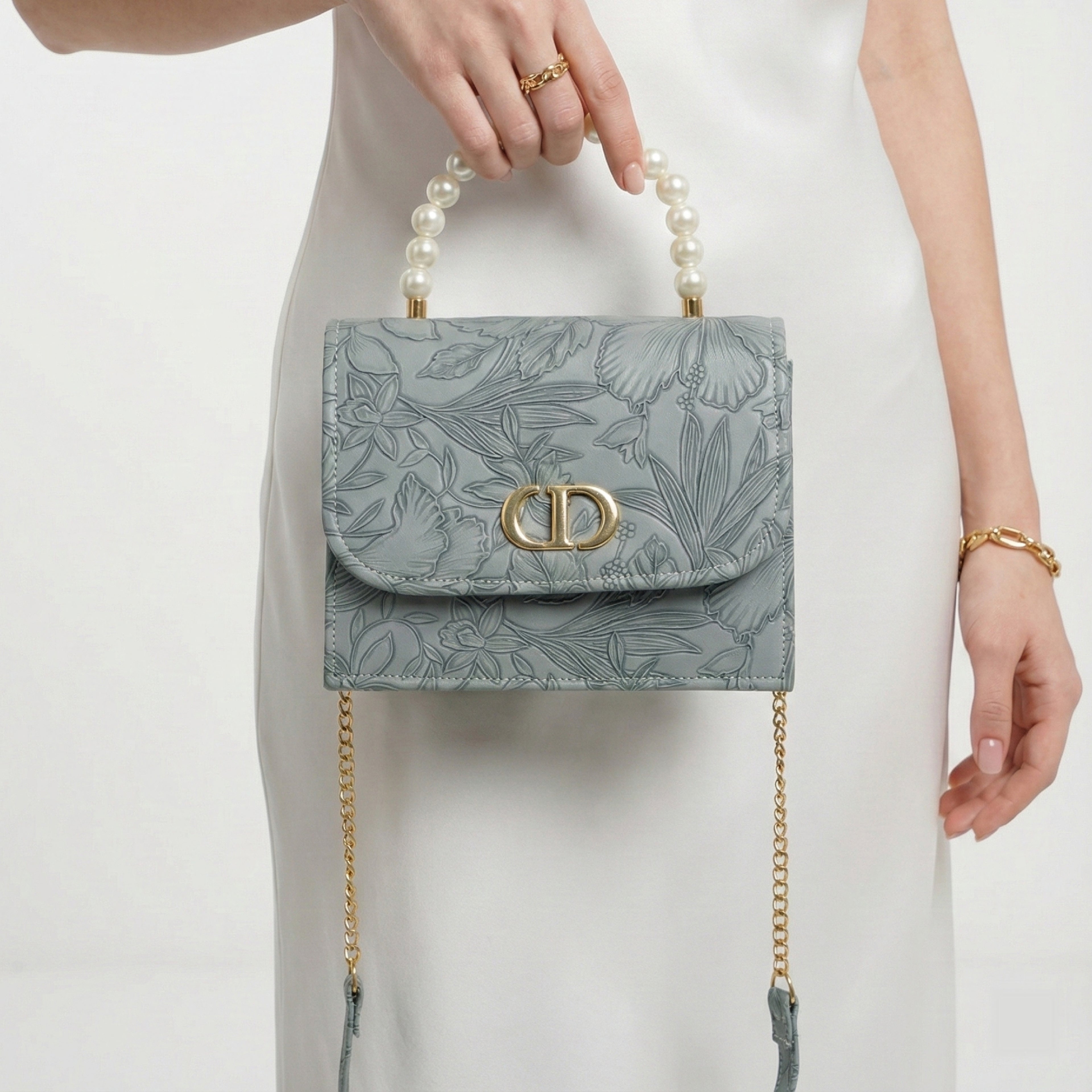 Elegant Blue Floral Embossed Faux Leather Mini Bag with Pearl Handle