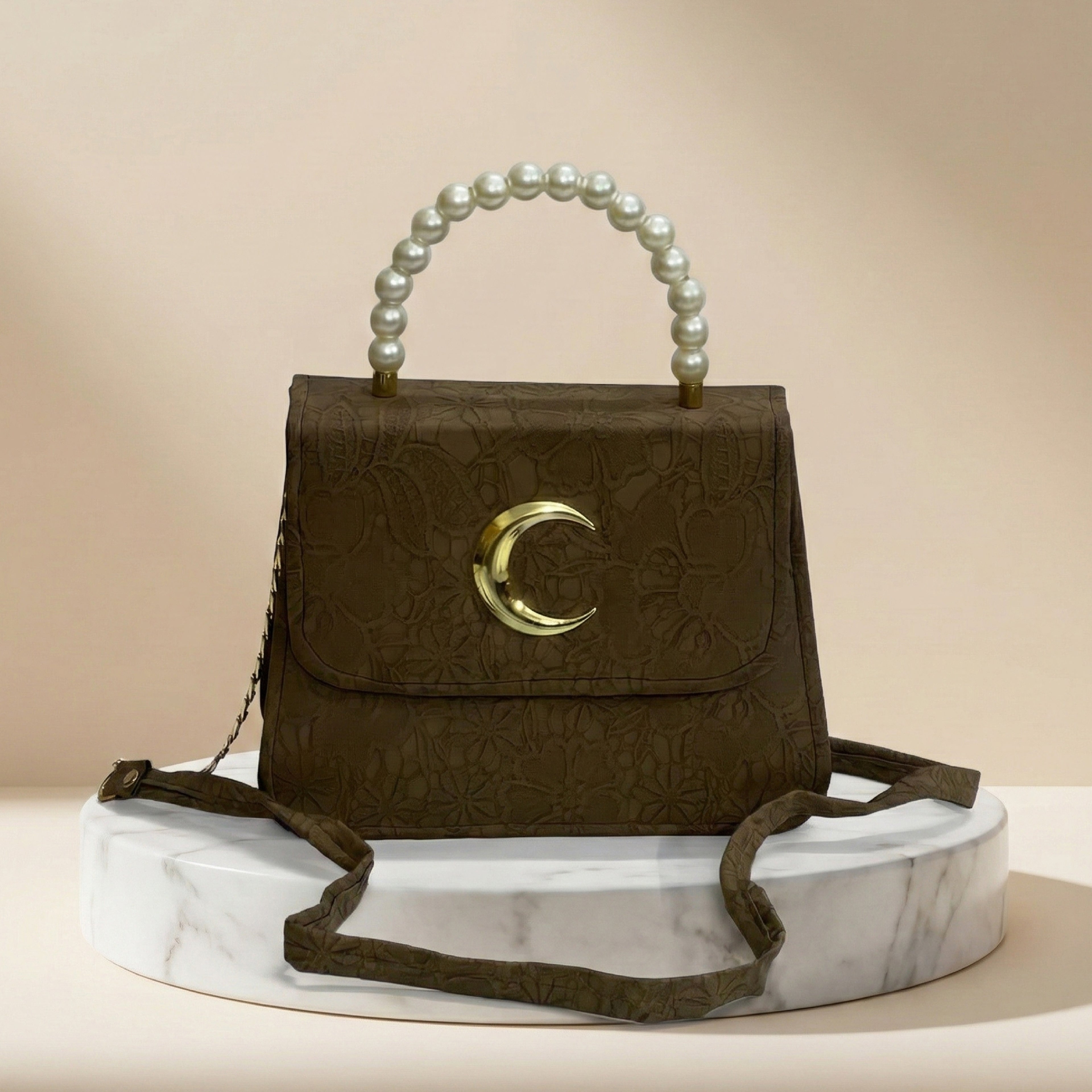 Elegant Brown Faux Leather Mini Bag with Pearl Handle & C-Clasp