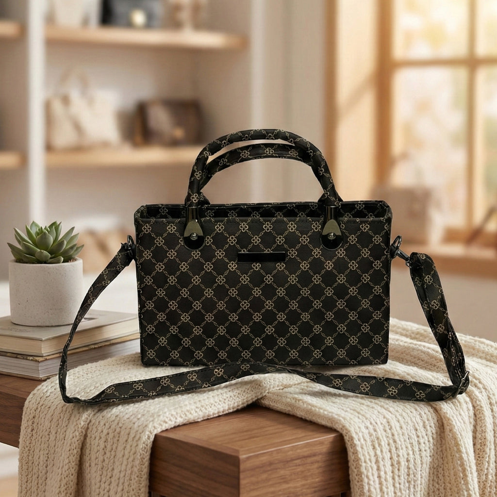 Classic Brown & Black Monogram Pattern Structured Tote