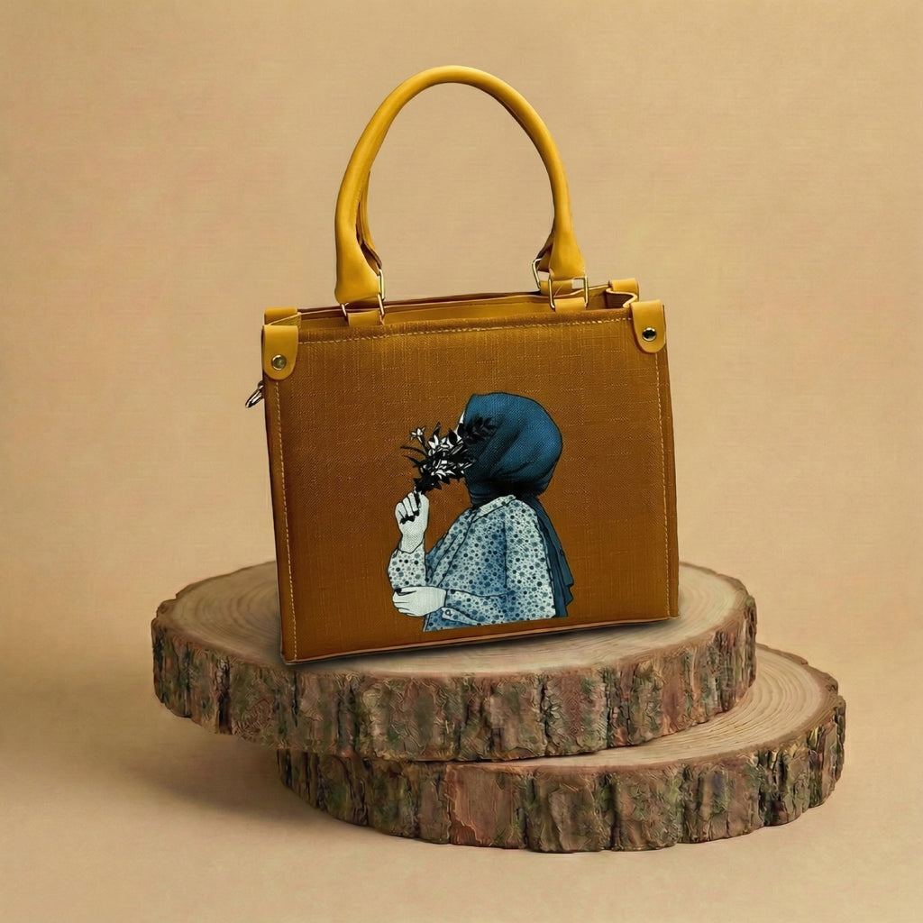 Premium Mustard Brown Printed Tote Bag with Hijab Girl Design