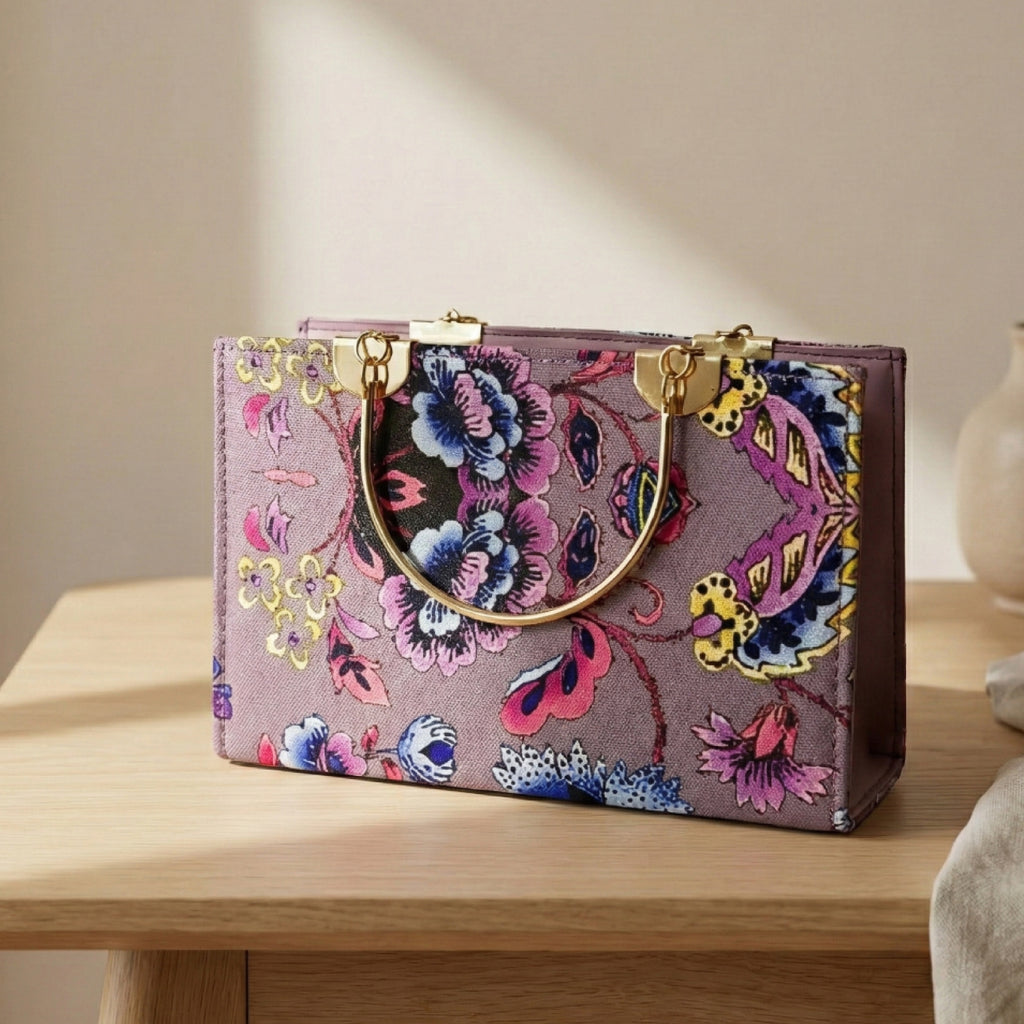 Florel Print Tote Bag – Lavender Floral Handbag with Gold Handles