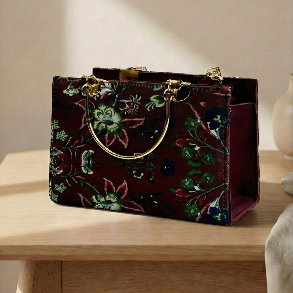 Florel Print Tote Bag – Deep Maroon Floral Handbag with Gold Handles