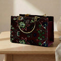 Florel Print Tote Bag – Deep Maroon Floral Handbag with Gold Handles
