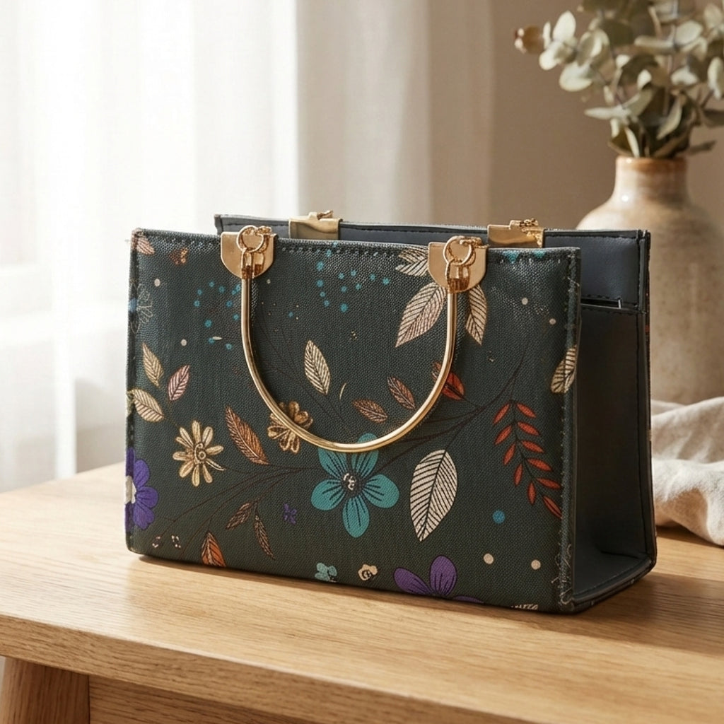 Florel Print Tote Bag – Dark Green Floral Handbag with Gold Handles