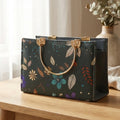 Florel Print Tote Bag – Dark Green Floral Handbag with Gold Handles