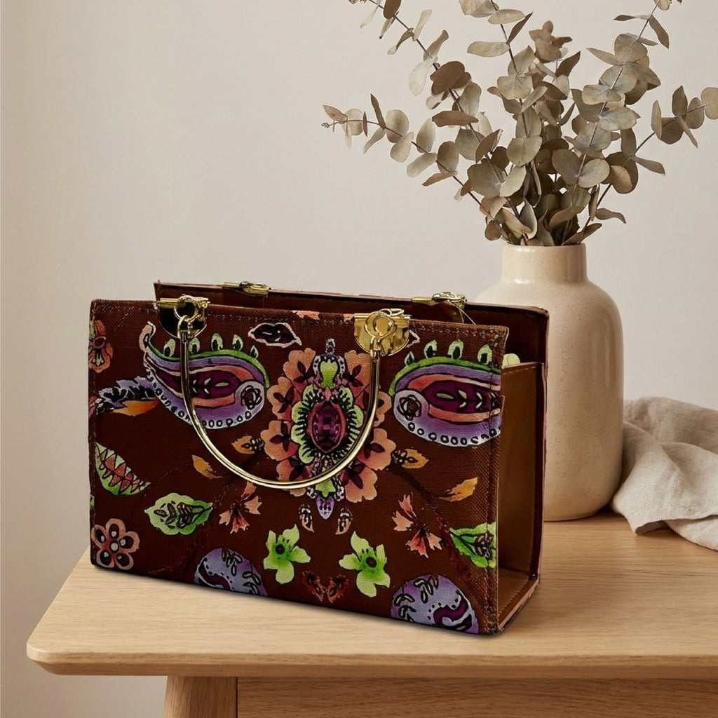 Florel Print Tote Bag – Dark Brown Floral Handbag with Gold Handles