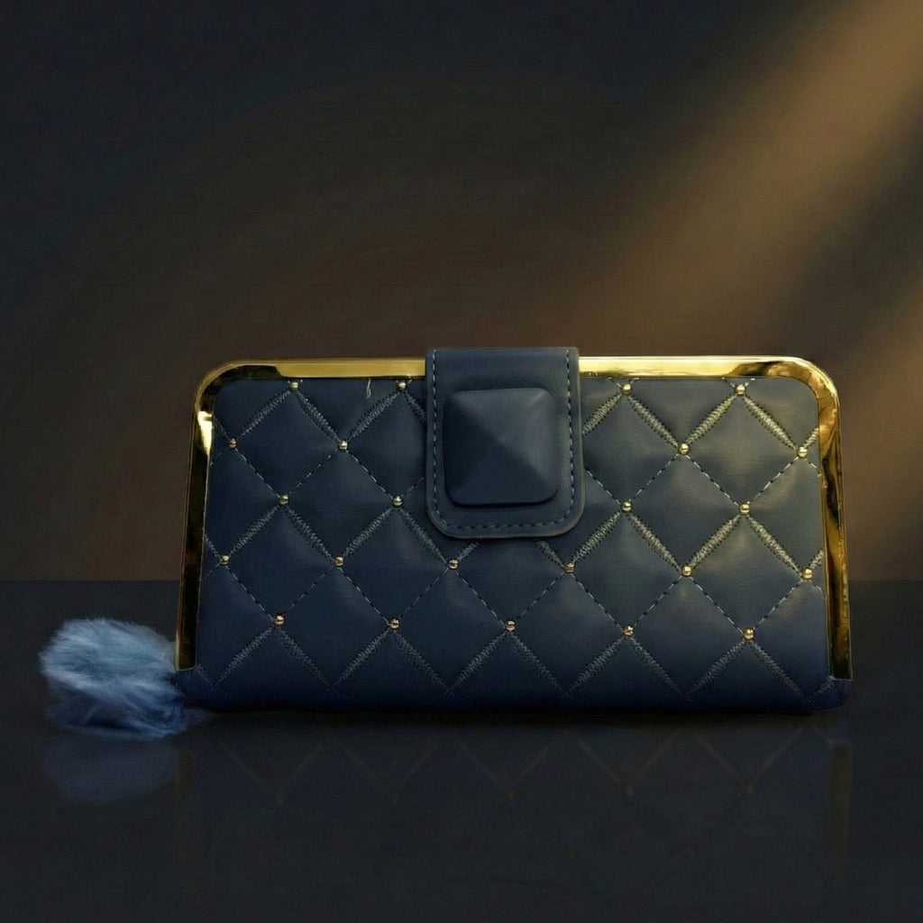 Women’s Double Zip Wallet Clutch – Navy Blue with Gold Zipper