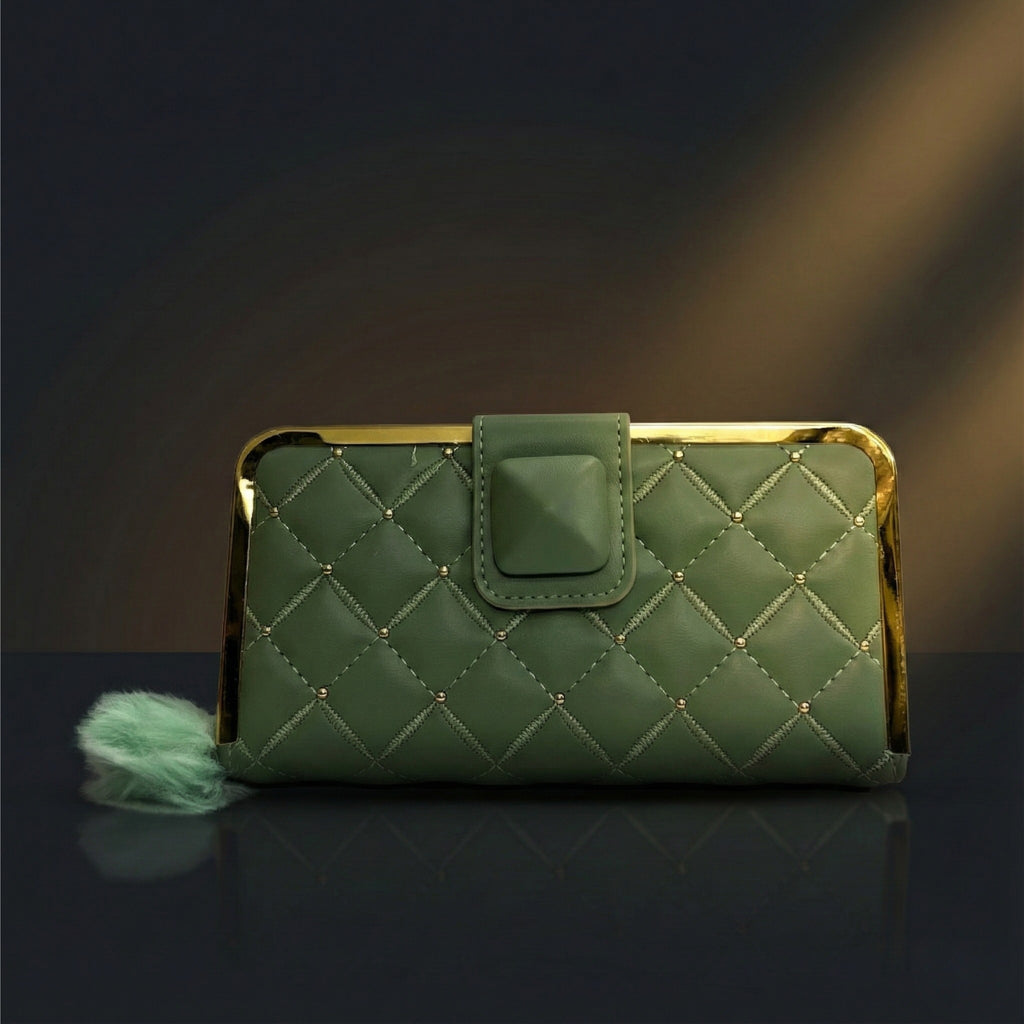 Women’s Double Zip Wallet Clutch – Green  with Gold Zipper
