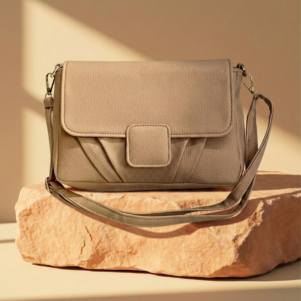 Minimalist Soft Beige-Grey Pebbled Crossbody Shoulder Bag