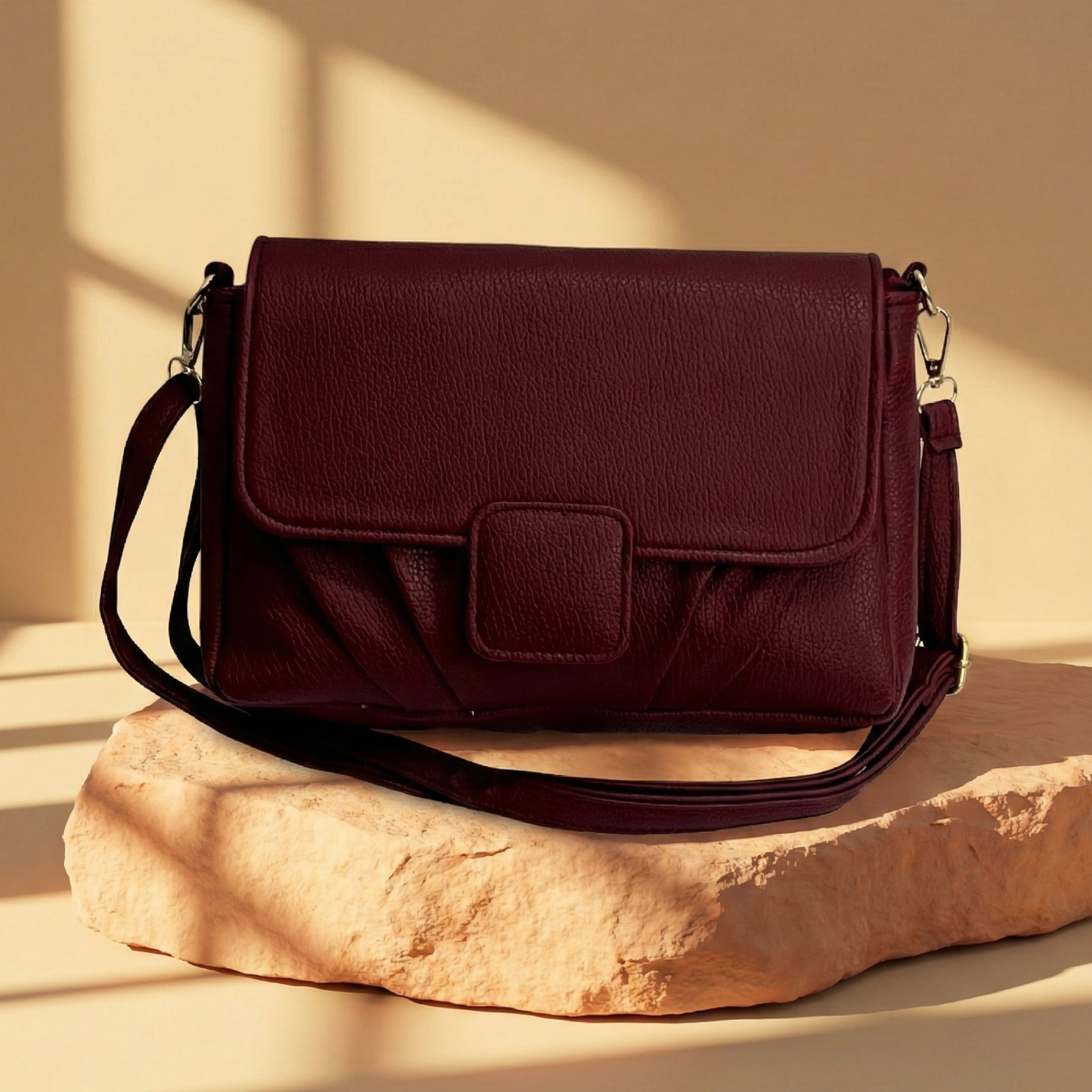 Minimalist Soft Wine Red Pebbled Crossbody Shoulder Bag