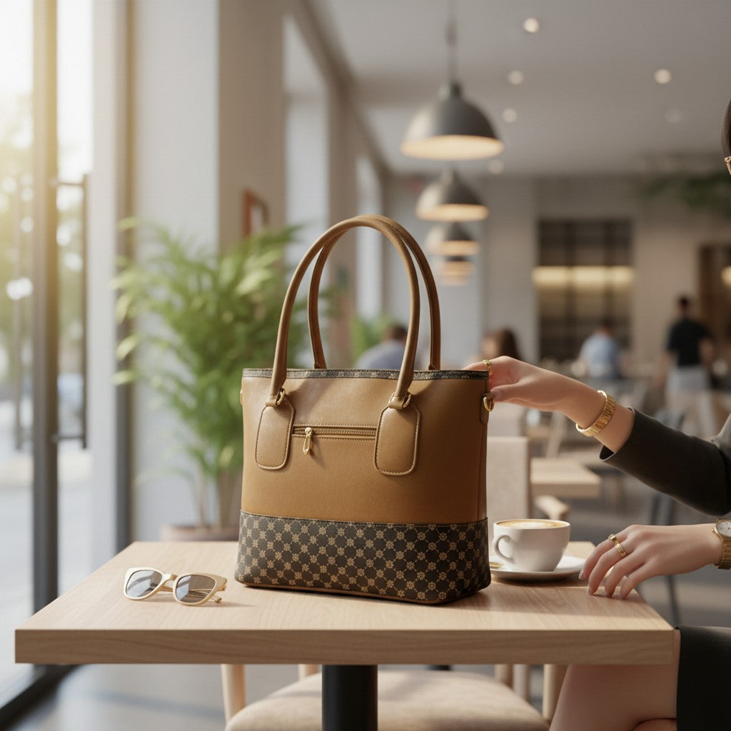 Classic Tan Faux Leather Structured Tote Bag with Patterned Trim