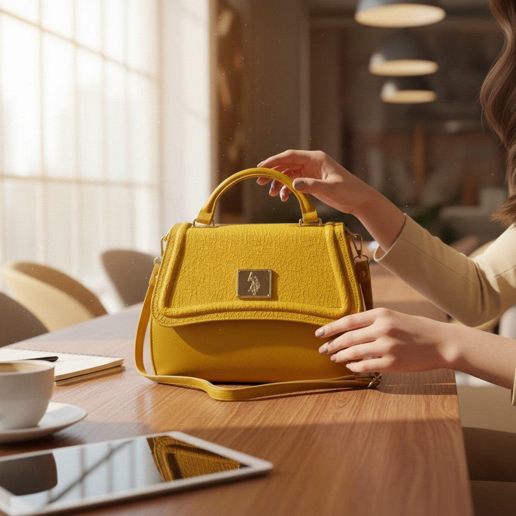 U.S. Polo Assn. Mustard Yellow Faux Leather Flap Handbag