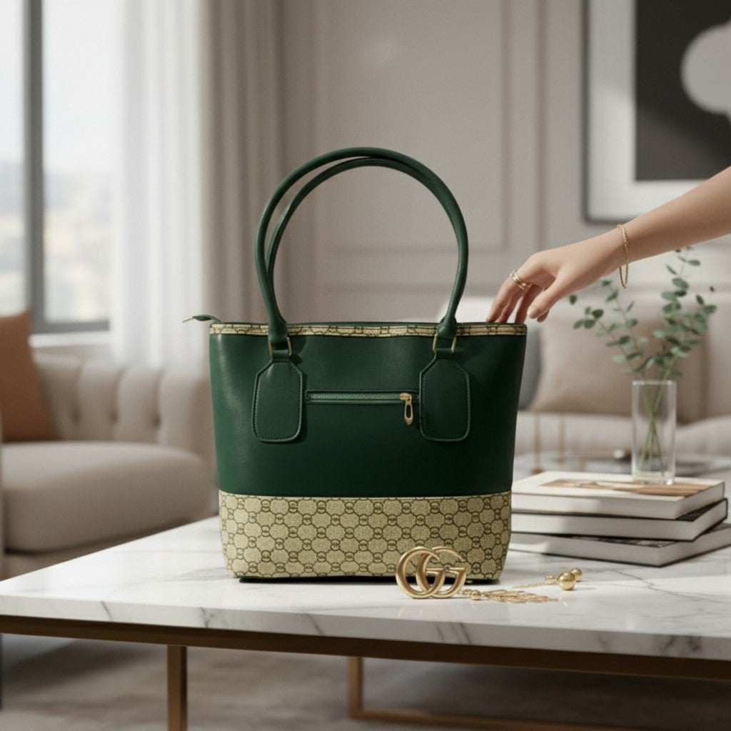 Elegant Green Faux Leather Tote Bag with Classic Patterned Base